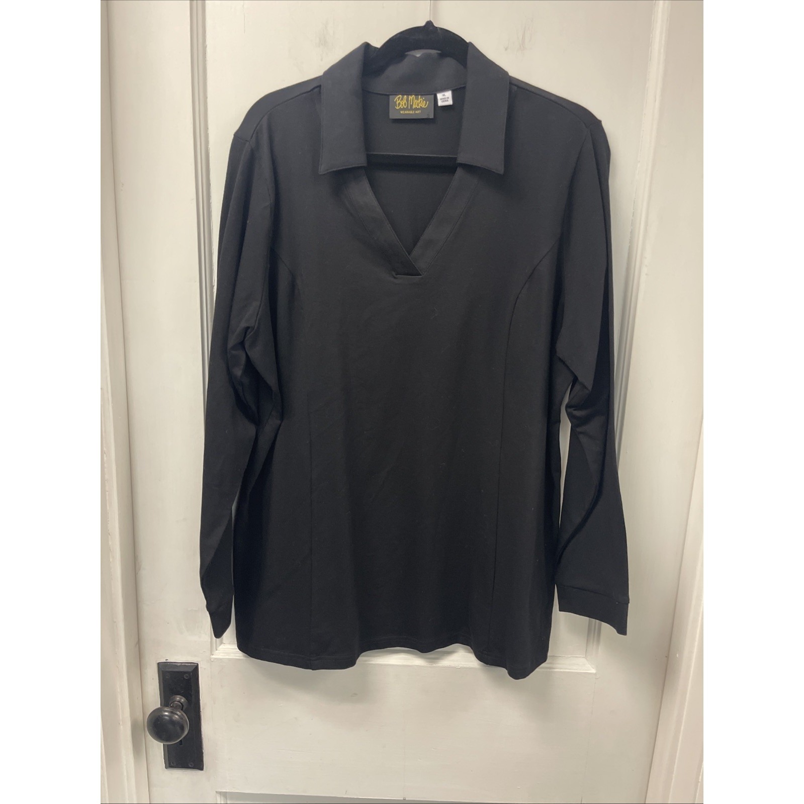Bob Mackie Shirt Top Women's Xl Black Cotton Stretch Long Sleeve V-Neck Collar